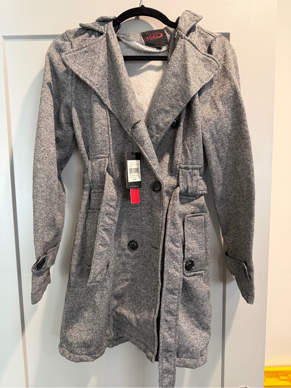 Yoki Heather Gray Hooded Double-Breasted Trench Coat